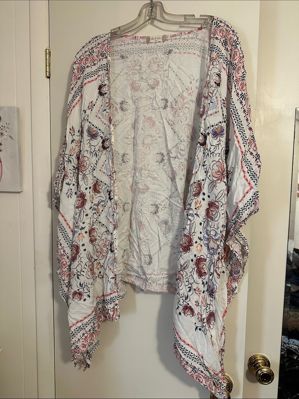 Altar'd State White Floral Kimono with Pink and Blue Accents